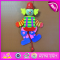 2016 Most Popular Kid Wooden Clown, Top Sale Wooden Cartoon Clown, Best Fashion Pull Toy Wooden Clown W02A059A